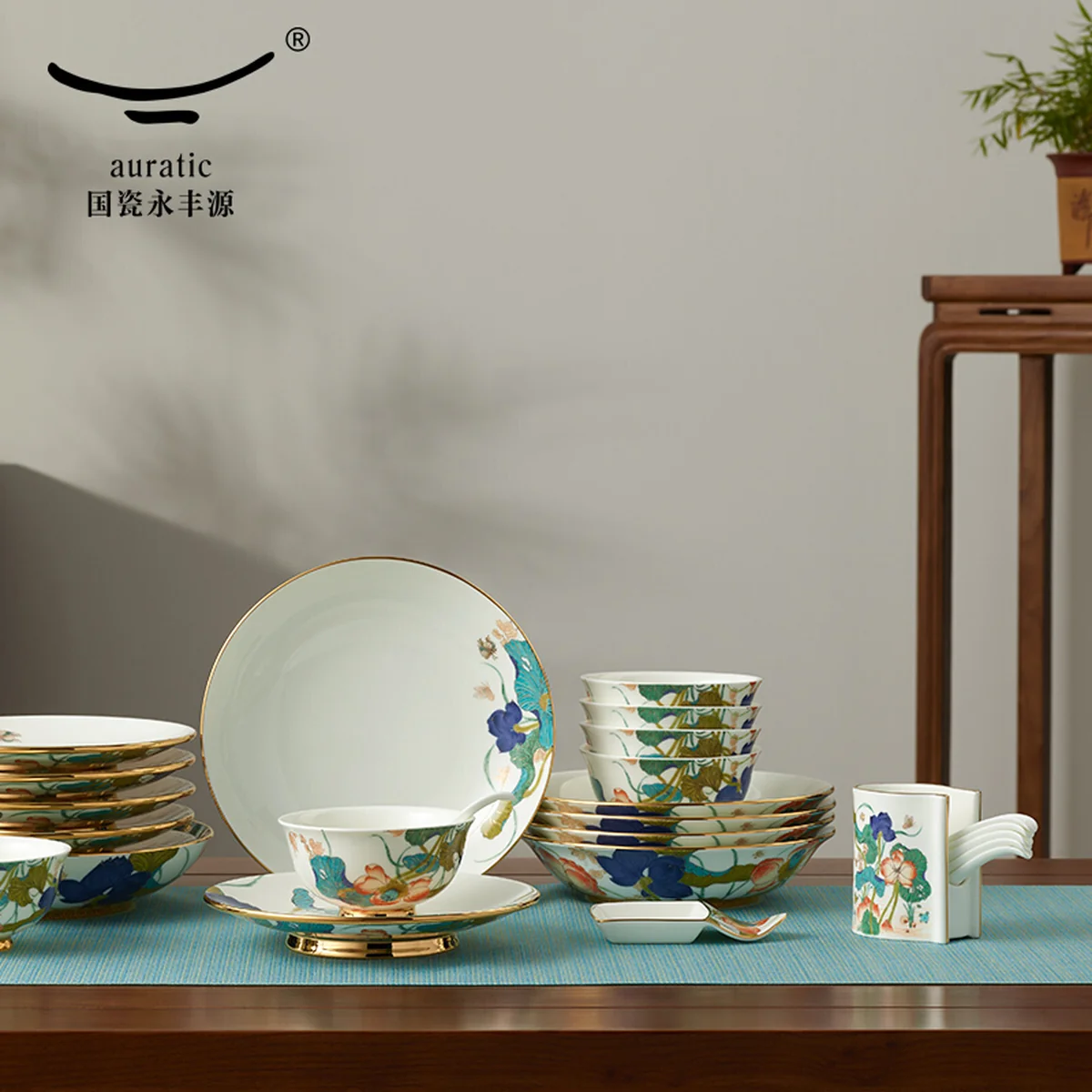 AURATIC, Happy Heming 31 head tableware, Bowl, dish, spoon, household Chinese gift set