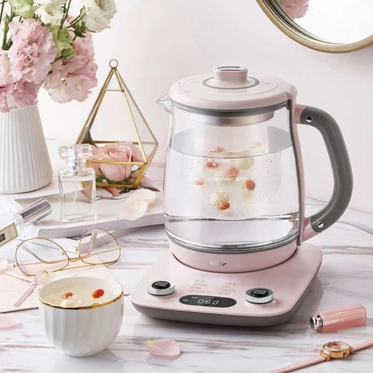 Bear Automatic Thickening Glass Health Pot Bird's Nest Pot YSH-C18R1 Stew Dual-Purpose Double Cover Stew Pot Pink