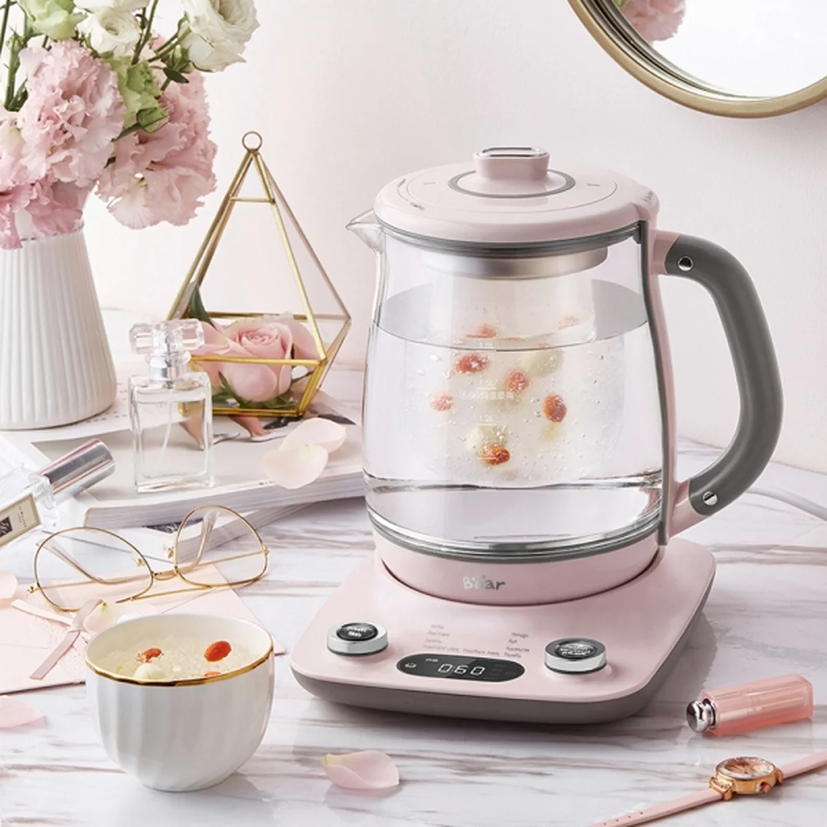 Bear Automatic Thickening Glass Health Pot Bird's Nest Pot YSH-C18R1 Stew Dual-Purpose Double Cover Stew Pot Pink