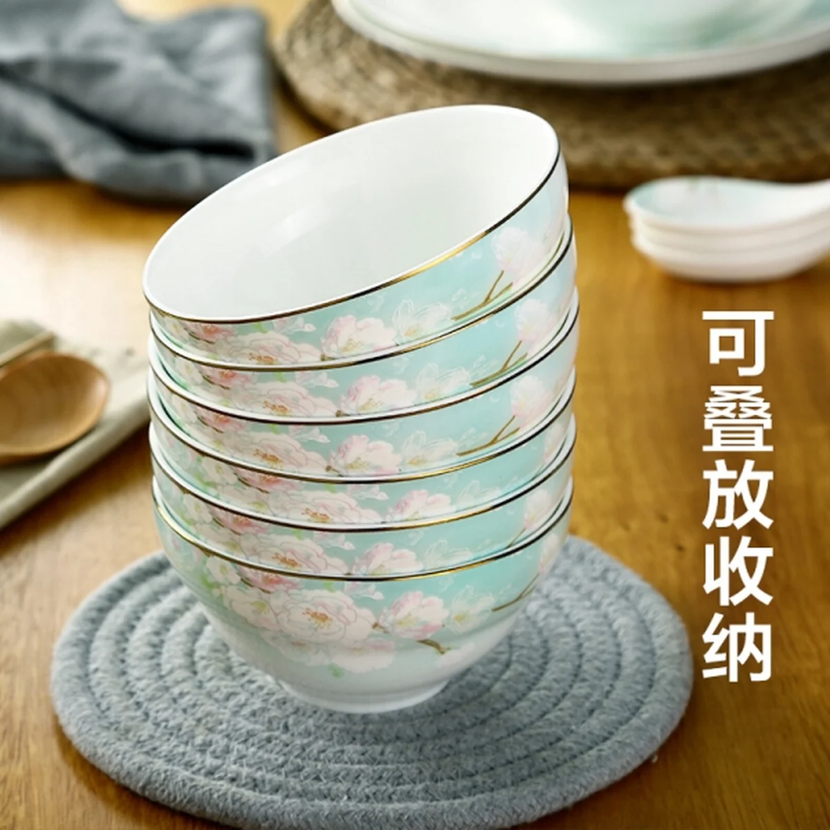 Songfa Ceramic 18-Peach Blossom Tableware Set, Prevent burns and prevent slipping