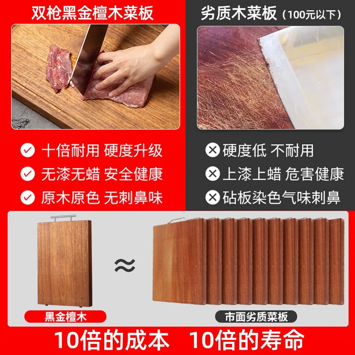 Suncha双枪 抗菌黑金檀木砧板 实木加厚案板切菜板面板擀面板 整木40*28*2.5cm
