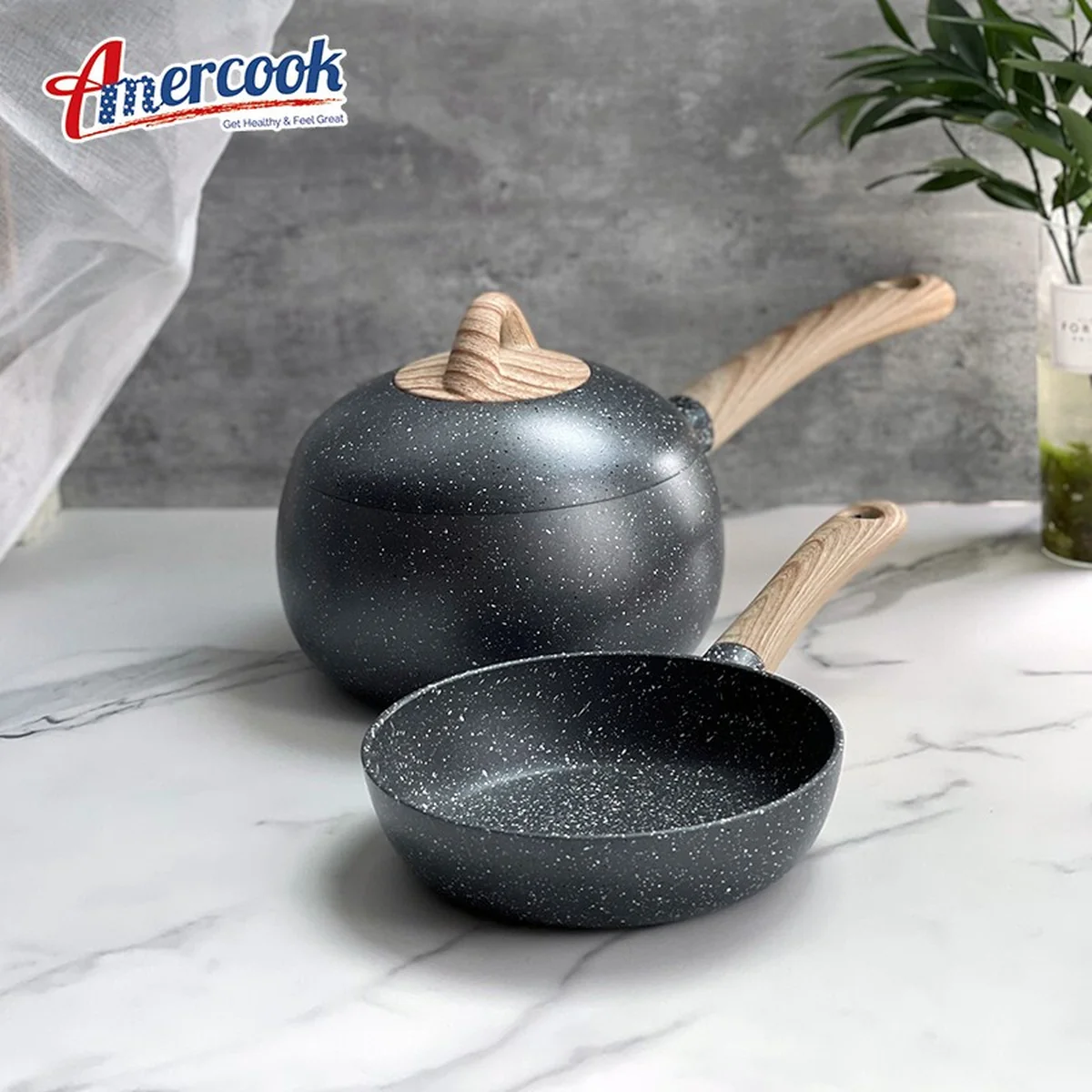 【不再补货】Amercook别致系列小球锅套装 奶锅煎锅小汤锅不粘锅2件套 电磁炉燃气通用 16cm