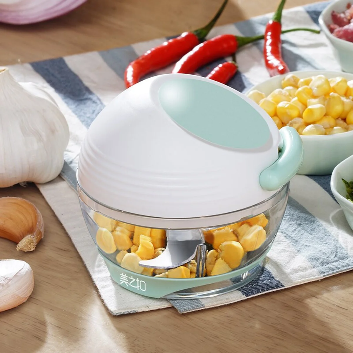Meizhikou Hand-pull Mini Stirring Machine Pulling Garlic Vegetable Chopper 160ML Green