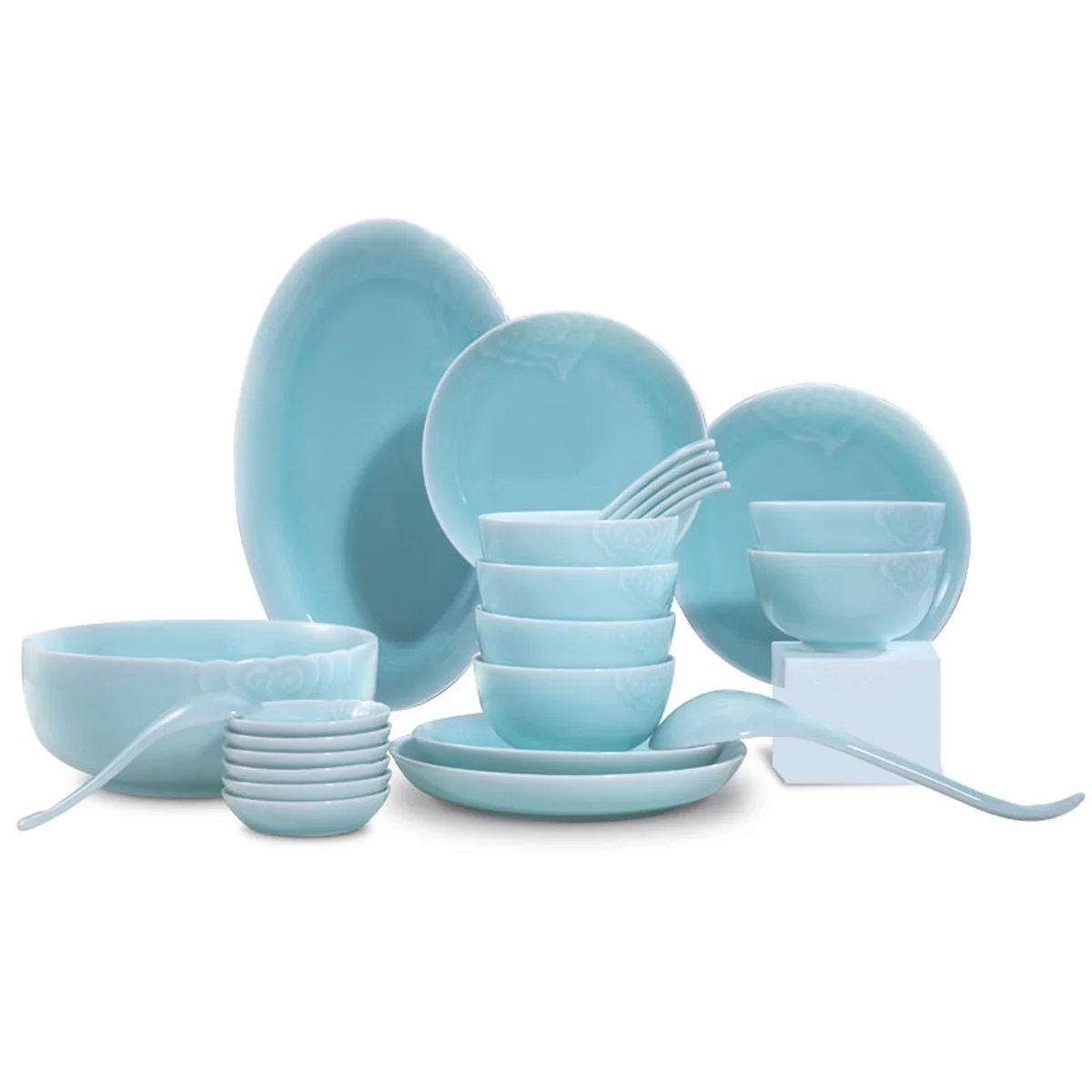 【Ships from the US】Oujiang celadon, 25 pieces tableware set, Longquan celadon, lead-free and cadmium-free, plum green/pink green