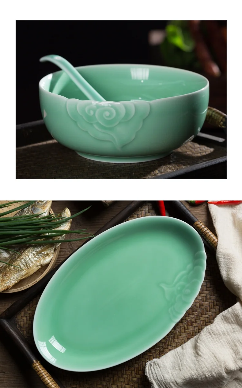【Ships from the US】Oujiang celadon, 25 pieces tableware set, Longquan celadon, lead-free and cadmium-free, plum green/pink green detail image 7