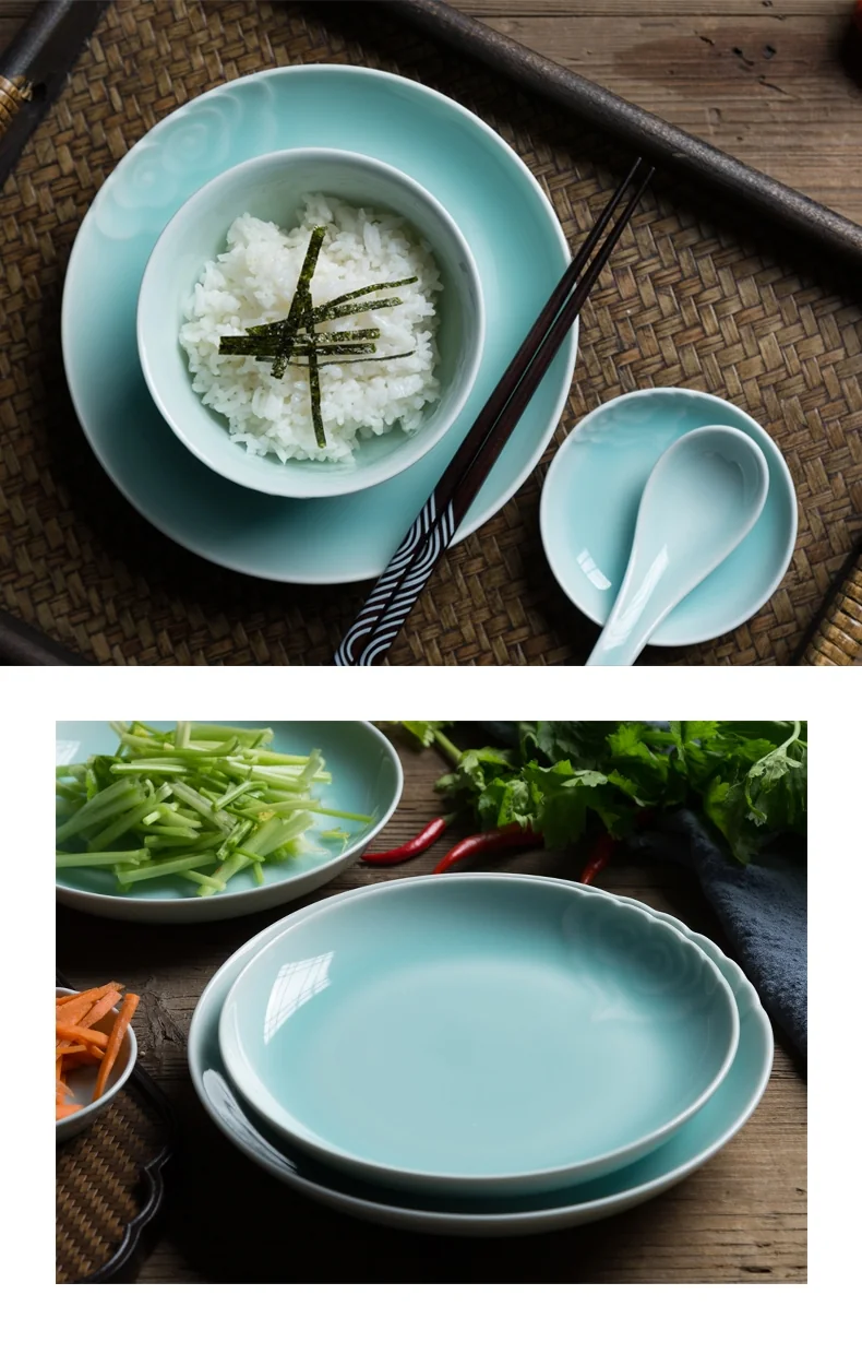 【Ships from the US】Oujiang celadon, 25 pieces tableware set, Longquan celadon, lead-free and cadmium-free, plum green/pink green detail image 9