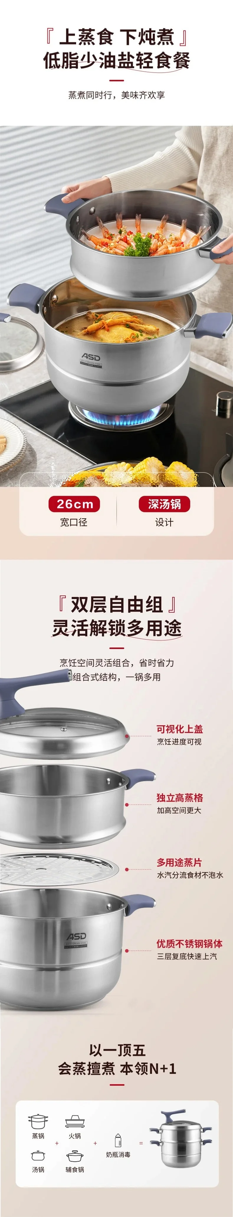 ASD 爱仕达不锈钢复底二层蒸锅汤锅 组合式结构 锅盖可立 26cm 详情图 3