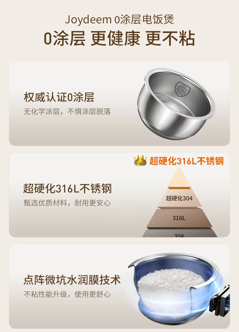Joydeem 0涂层电饭煲DFB-D300 家用电饭锅 rice cooker 不锈钢内胆 奶油白 3L 详情图 2