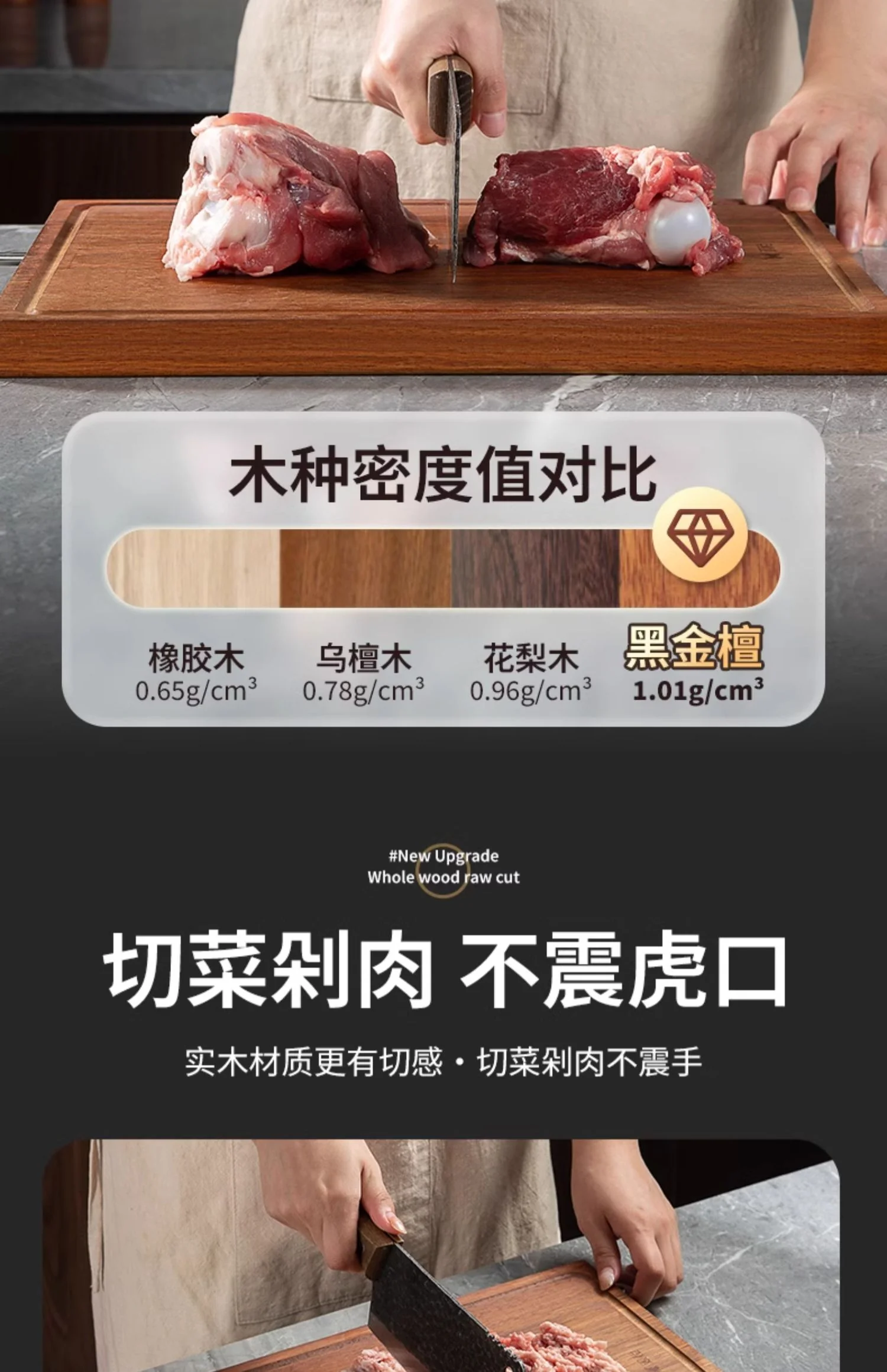 Suncha双枪 抗菌黑金檀木砧板 实木加厚案板切菜板面板擀面板 整木40*28*2.5cm 详情图 15