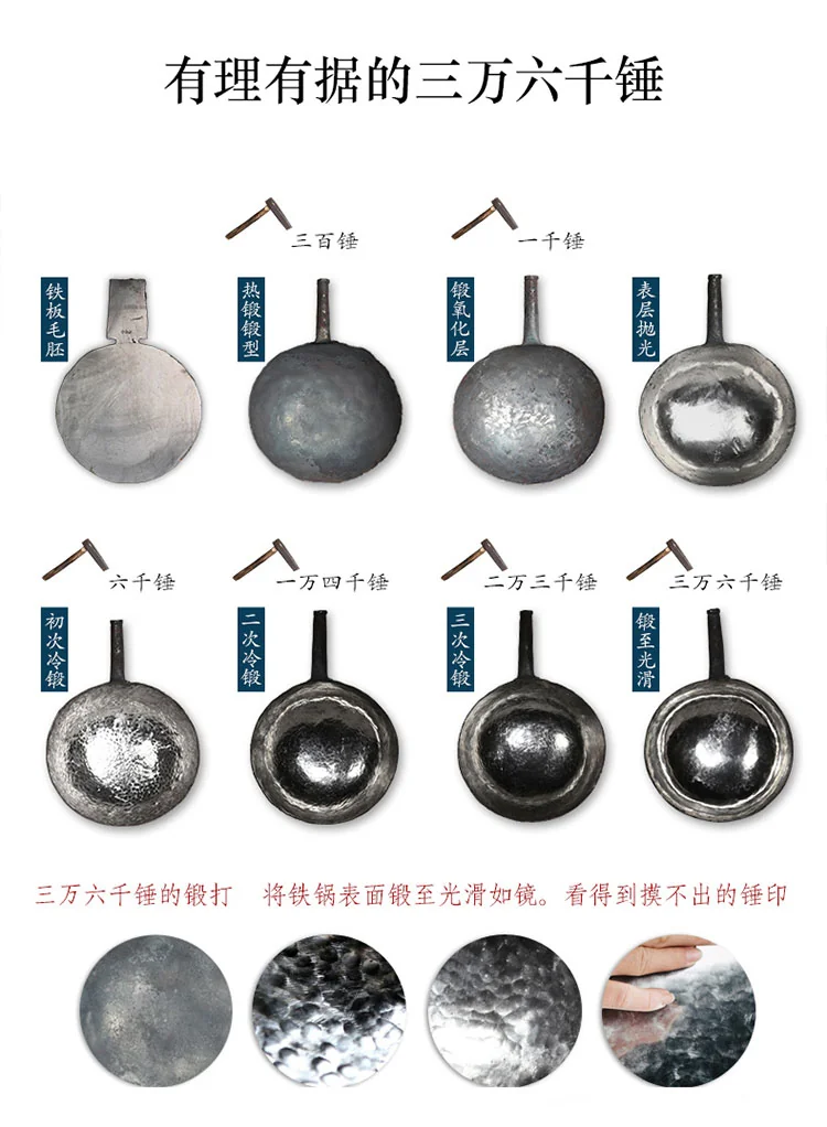 臻三环轻音铁锅 正宗章丘铁锅手工熟铁锅 无涂层 轻烟省油 明火专用 30/32/34cm 详情图 3